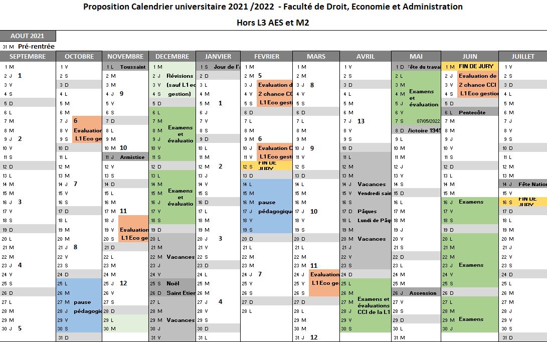 Le calendrier universitaire 2021-2022 | fac-droit-economie
